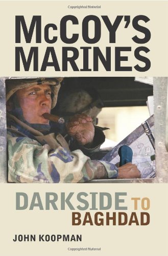 Book cover of 'McCoy's Marines: Darkside to Baghdad' by John Koopman, featuring a soldier in a vehicle.