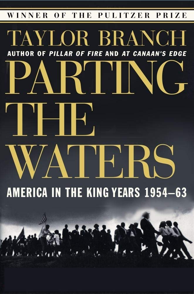 Book cover of 'Parting the Waters' by Taylor Branch with a silhouette of people and a cloud.