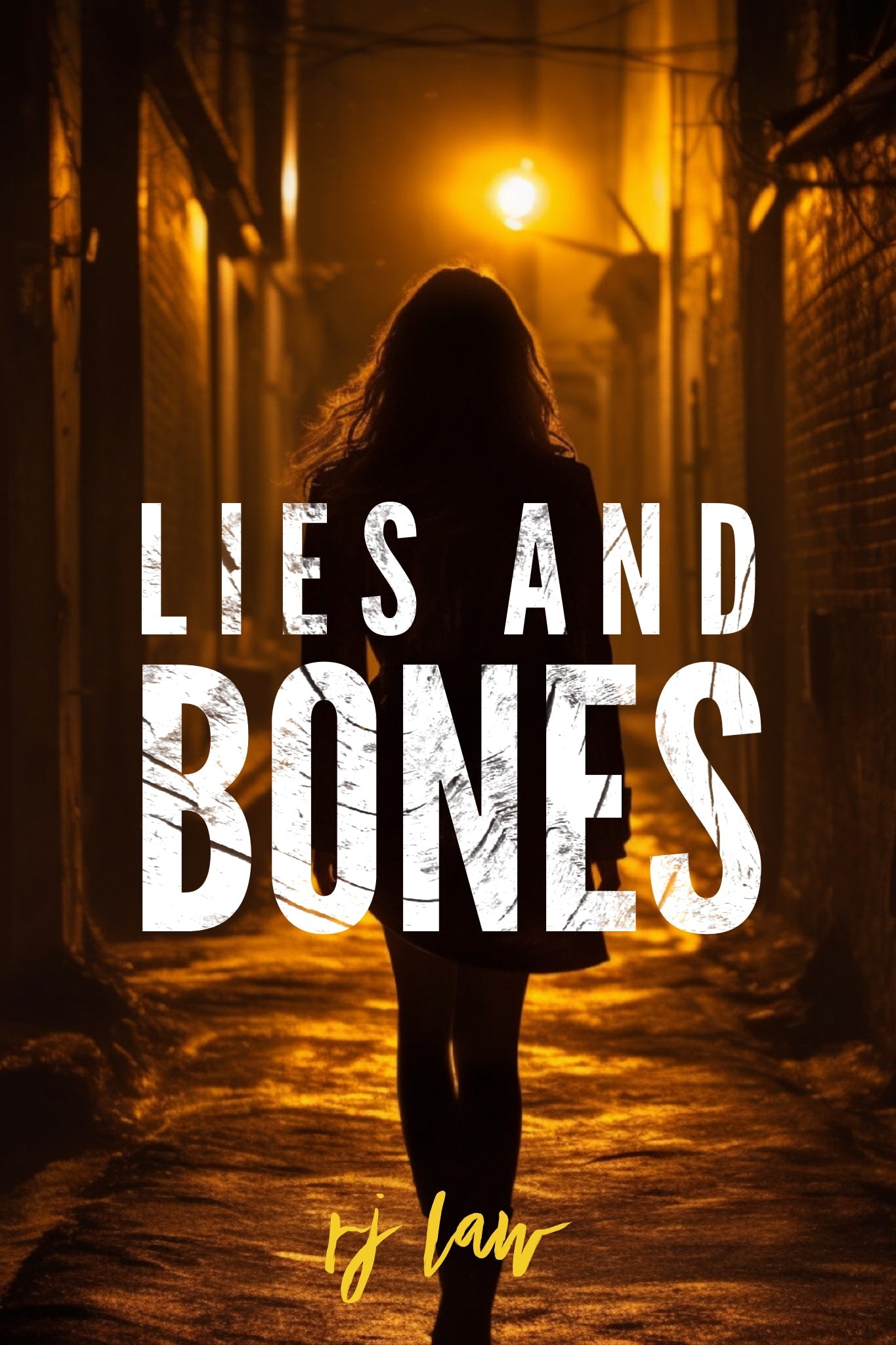 Silhouette of a person walking down a dimly lit alley with 'Lies and Bones' 
