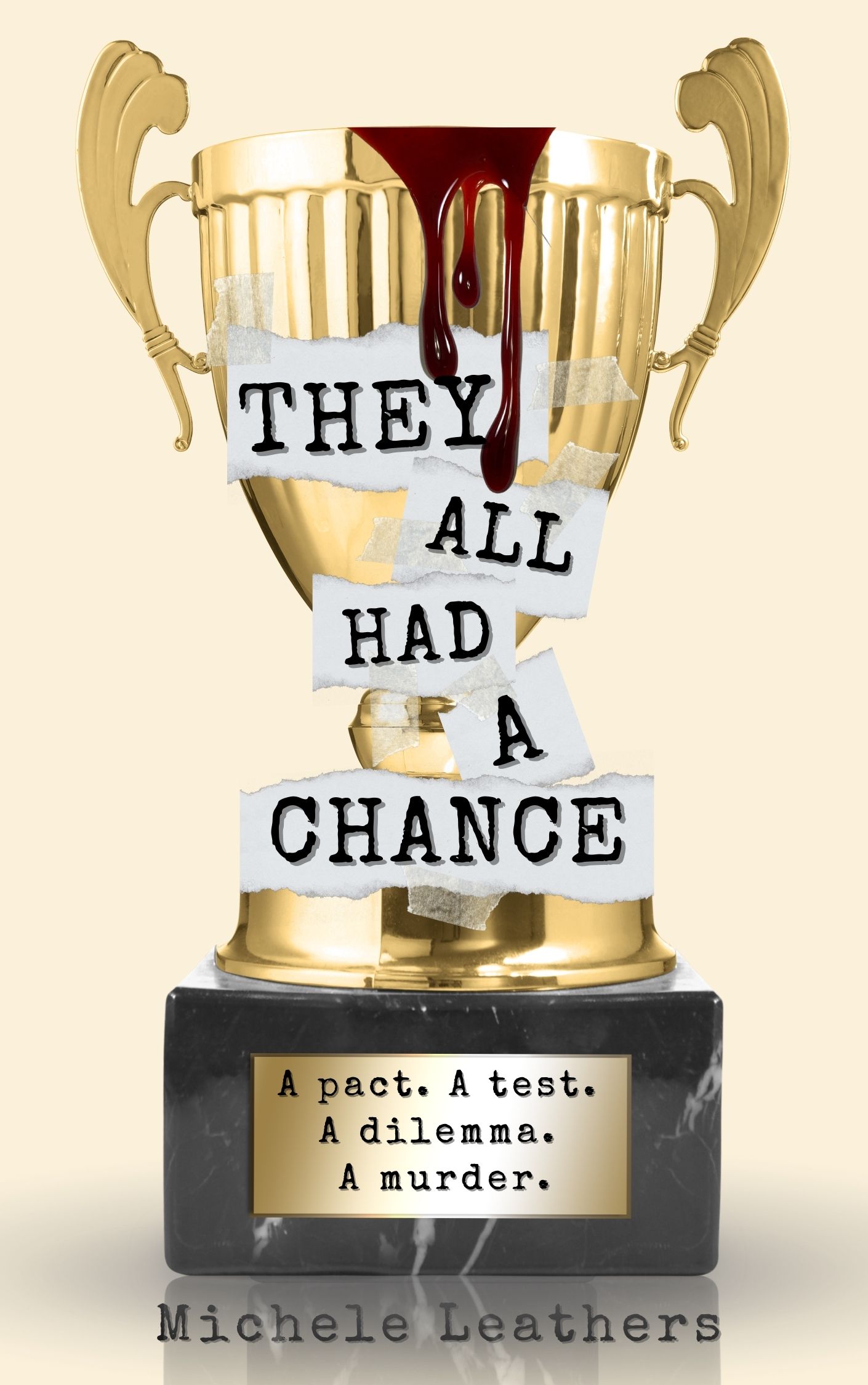 Gold trophy with blood and text on a beige background