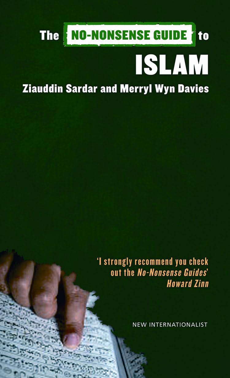 Book cover of 'The No-Nonsense Guide to Islam' with a hand holding a text book on a green background.
