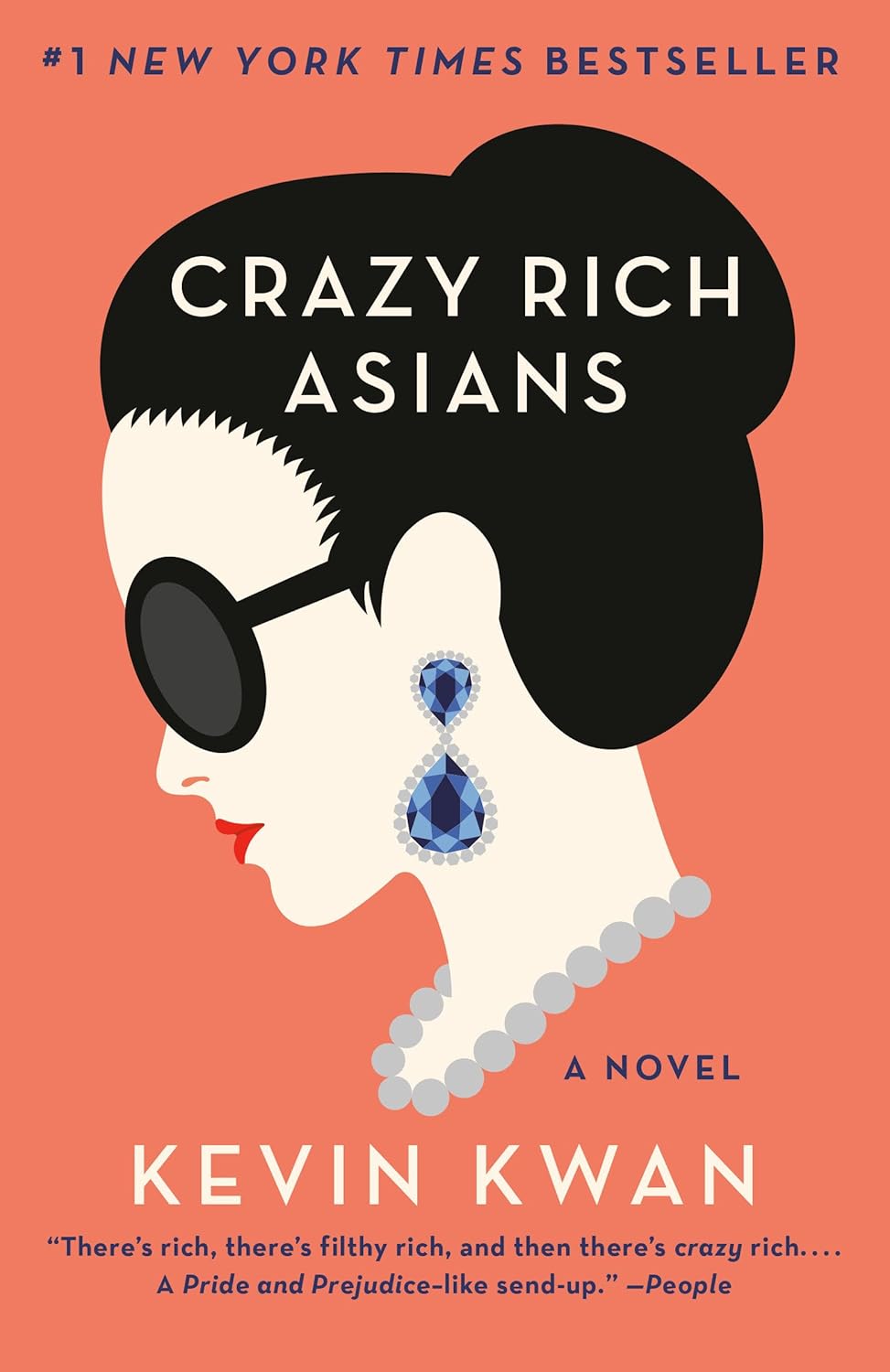 Book cover of 'Crazy Rich Asians' with a stylized illustration of a woman's profile on an orange background.