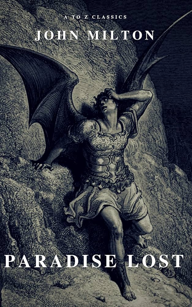 Book cover of 'Paradise Lost' by John Milton featuring a winged figure against a rocky background.