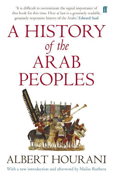 Book cover of 'A History of the Arab Peoples' by Albert Hourani with decorative elements and text.